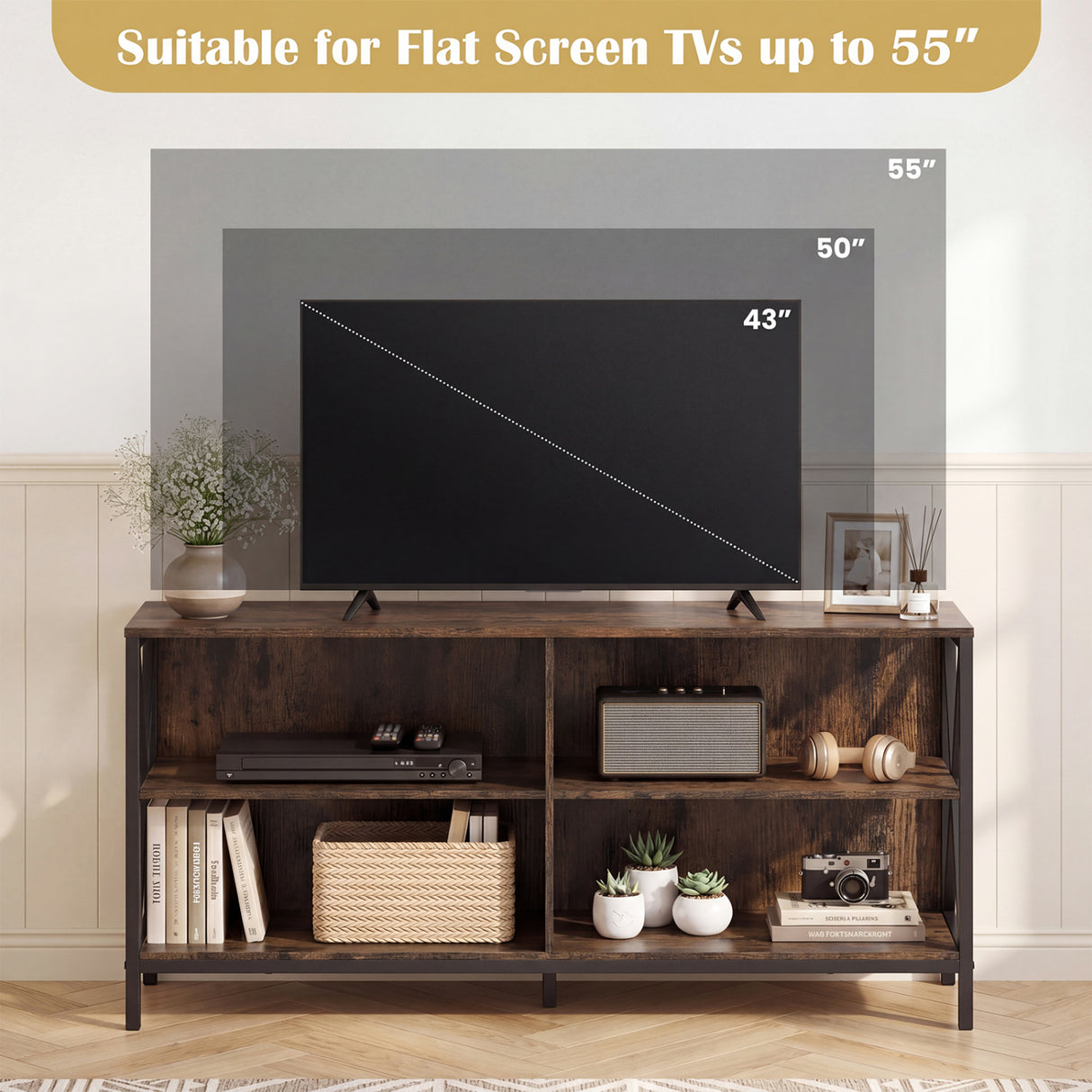 Wooden TV Stand Entertainment for TVs up to 55 Inch with X-Shaped Frame-Rustic Brown