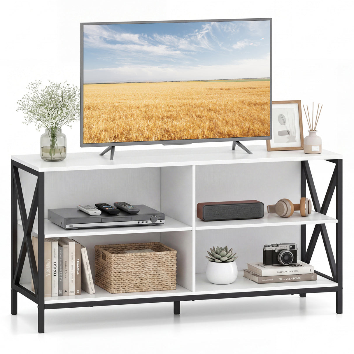 Wooden TV Stand Entertainment for TVs up to 55 Inch with X-Shaped Frame-White