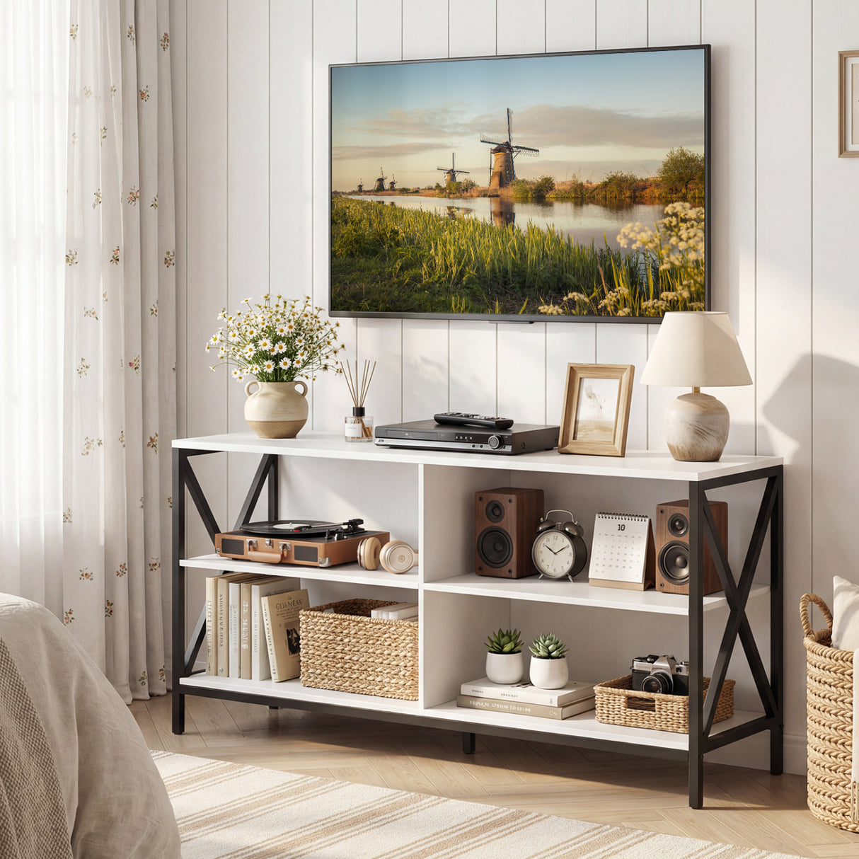 Wooden TV Stand Entertainment for TVs up to 55 Inch with X-Shaped Frame-White