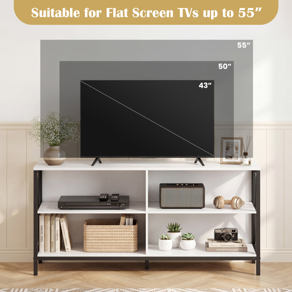 Wooden TV Stand Entertainment for TVs up to 55 Inch with X-Shaped Frame-White