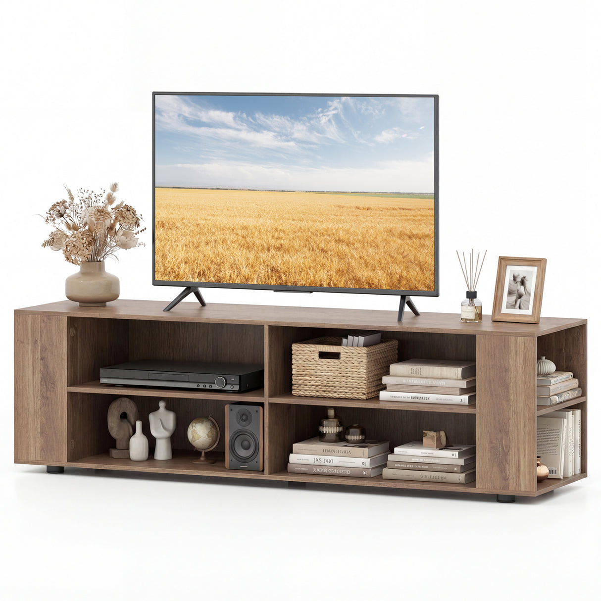 Wooden TV Stand with 8 Open Shelves for TVs up to 65 Inch Flat Screen-Light Gray