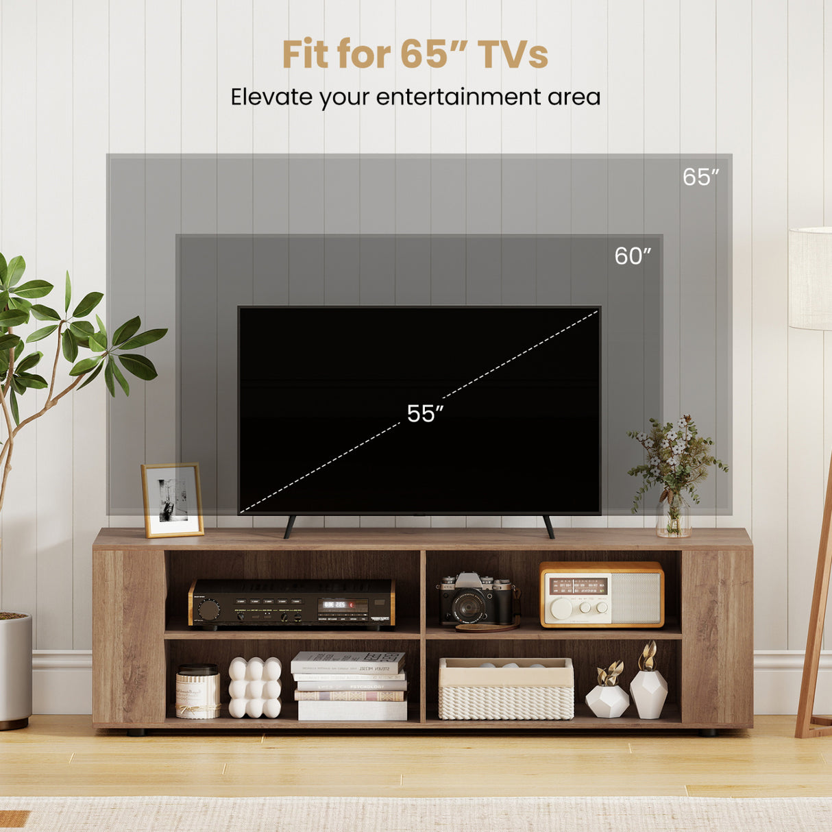 Wooden TV Stand with 8 Open Shelves for TVs up to 65 Inch Flat Screen-Light Gray
