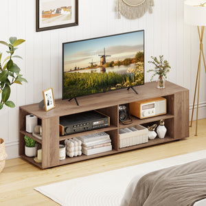 Wooden TV Stand with 8 Open Shelves for TVs up to 65 Inch Flat Screen-Light Gray