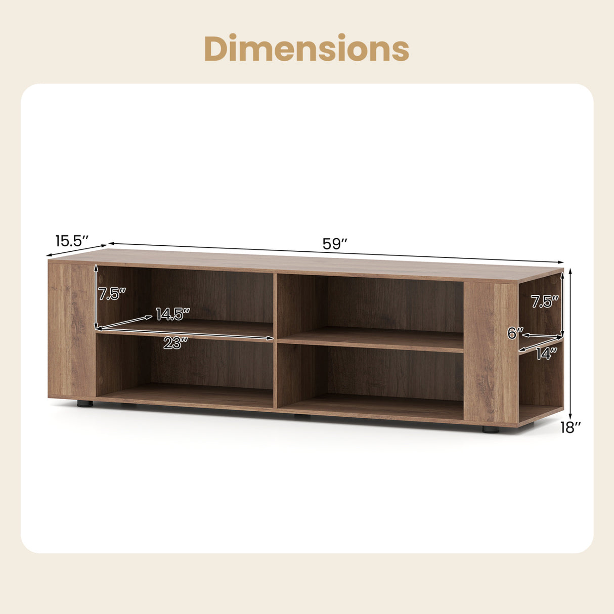 Wooden TV Stand with 8 Open Shelves for TVs up to 65 Inch Flat Screen-Light Gray