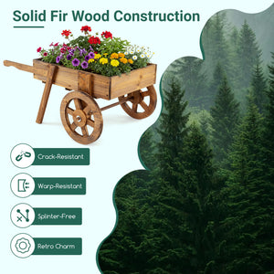 Wooden Wagon Planter with Wheels for Indoor and Outdoor Use-Brown