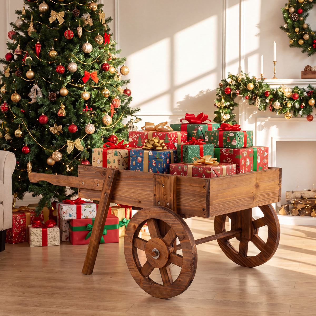 Wooden Wagon Planter with Wheels for Indoor and Outdoor Use-Brown