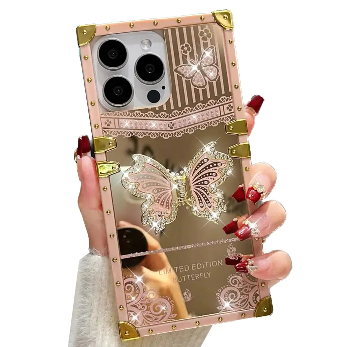 AuroiCYY for iPhone 15 Pro Max Butterfly Stand Case Glitter Bling Foldable Kickstand Woman Girly Mirror Back Golden Plated Shockproof Protective Elegant Cute Soft Cover for iPhone 15 Pro Max (Pink)