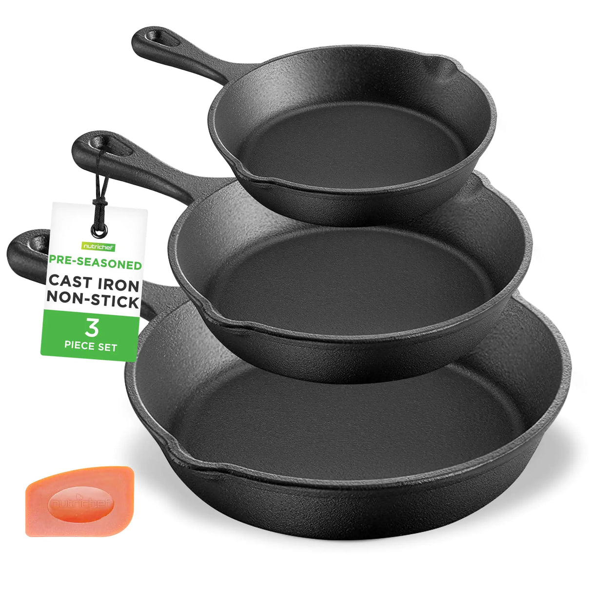 NutriChef Pre-Seasoned Cast Iron Skillet Pans - 3 Pieces Kitchen Frying Pan Nonstick Cookware Set w/Drip Spout - Includes Scraper - Electric Stovetop Induction Gas Range Ceramic - NutriChef NCCI76
