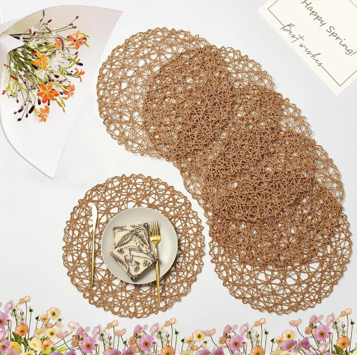 IcosaMro Brown Round Placemats Set of 6 for Dining Table 15 Inch Paper Woven Boho Decorative Circle Place Mat for Wedding Christmas Thanksgiving Day Holiday Dinner Light Coffee Brown