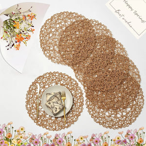 IcosaMro Brown Round Placemats Set of 6 for Dining Table 15 Inch Paper Woven Boho Decorative Circle Place Mat for Wedding Christmas Thanksgiving Day Holiday Dinner Light Coffee Brown