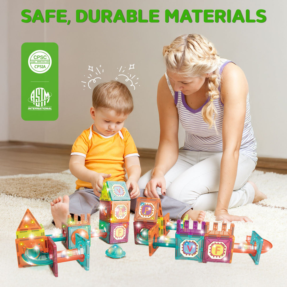 Contixo ST15 65-Piece Marble Track Magnetic Tile Set, Glow-in-the-Dark, STEM Building Blocks for Ages 3+ by Contixo