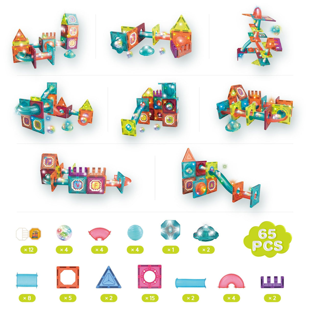 Contixo ST15 65-Piece Marble Track Magnetic Tile Set, Glow-in-the-Dark, STEM Building Blocks for Ages 3+ by Contixo