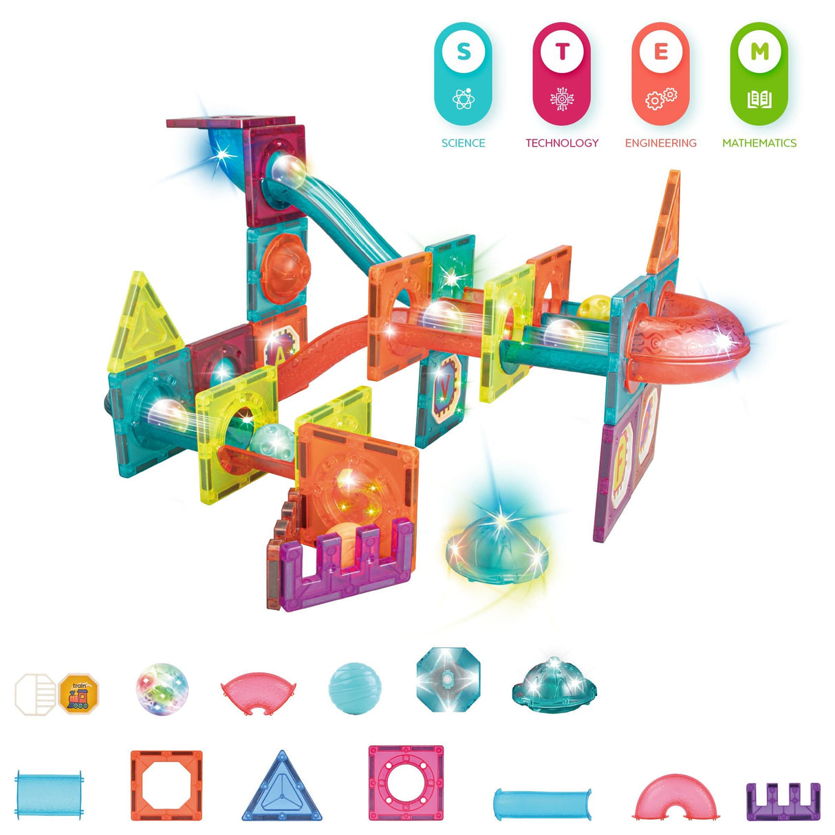 Contixo ST15 65-Piece Marble Track Magnetic Tile Set, Glow-in-the-Dark, STEM Building Blocks for Ages 3+ by Contixo