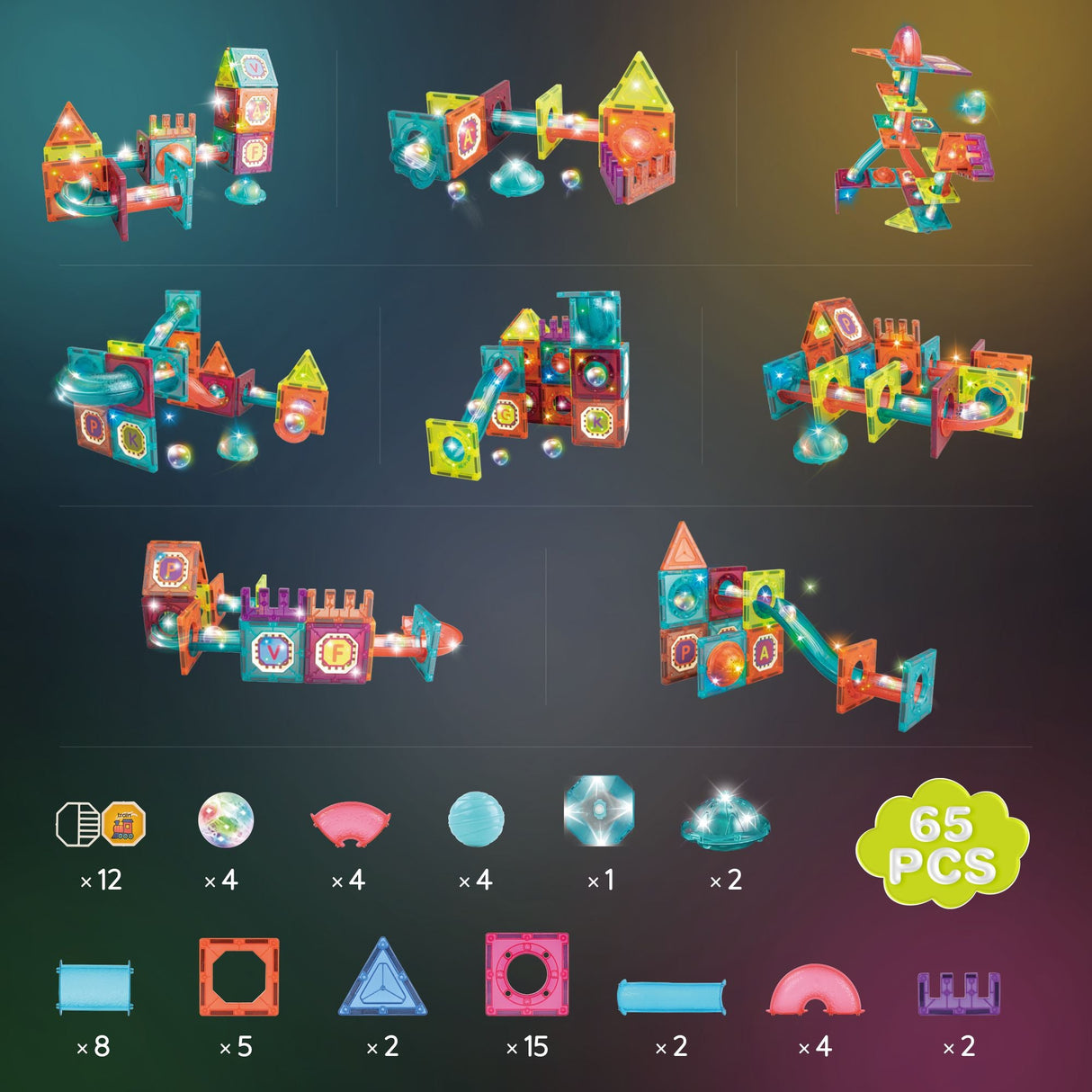 Contixo ST15 65-Piece Marble Track Magnetic Tile Set, Glow-in-the-Dark, STEM Building Blocks for Ages 3+ by Contixo