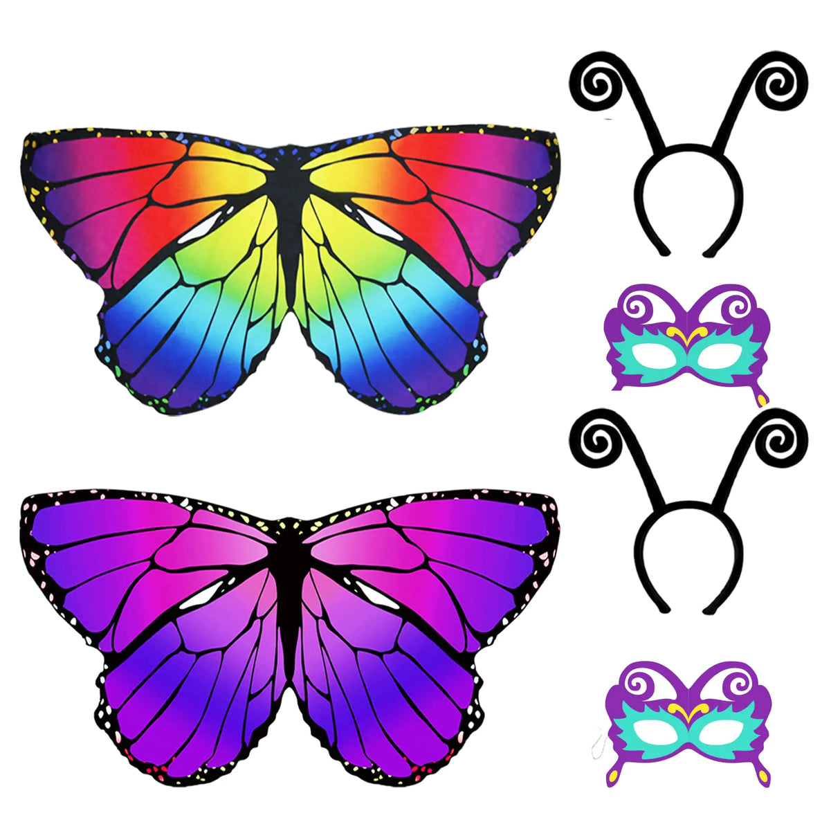 D.Q.Z 6 Pcs Kids Fairy Butterfly-Wings for Girls Halloween-Costumes with Antenna Headband Mask Party Favors (Rainbow-Purple)