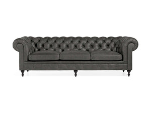 Introducing the Wessex Leather Sofa: a sophisticated Chesterfield sofa in dark gray, boasting three seat cushions and exquisitely tufted backrest. The design is accented by rolled arms, dark turned wooden legs, and an elegant classic style.