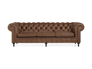 A Wessex Leather Sofa with a tufted back and seat cushions, featuring rolled arms and dark wooden legs.