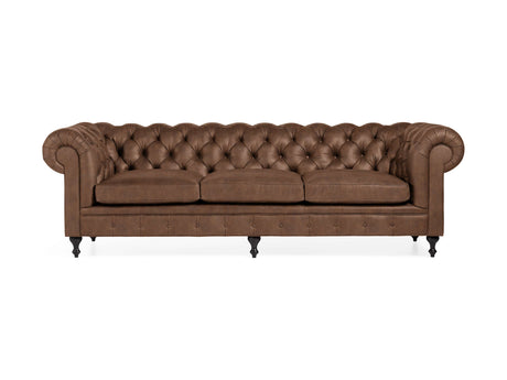 A Wessex Leather Sofa with a tufted back and seat cushions, featuring rolled arms and dark wooden legs.