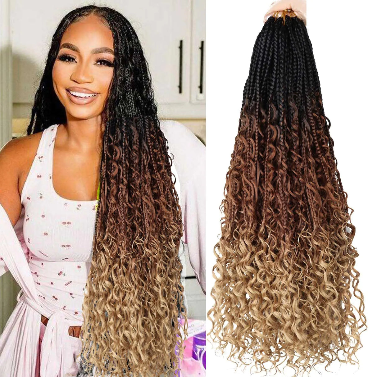 Goddess Box Braids Crochet Hair-24 inch 8 Packs Boho Crochet Box Braids With Curly EndsPre Looped Bohemian Box Braids Crochet Hair for Black Women Synthetic Hair Extensions 1B/30/27