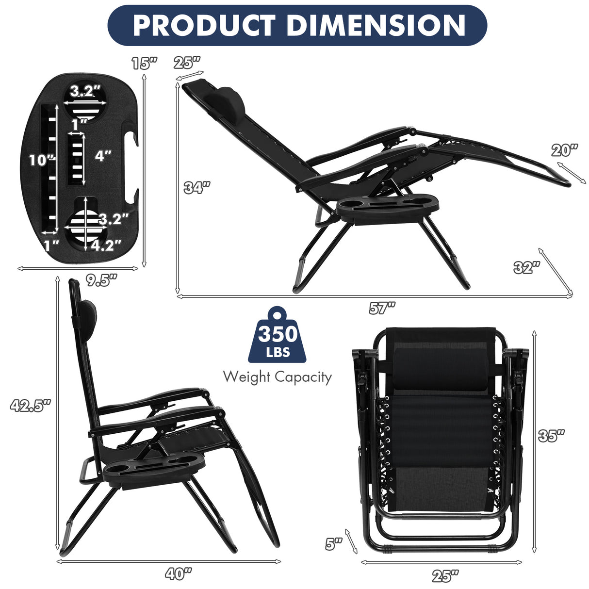 Outdoor Folding Zero Gravity Reclining Lounge Chair with Utility Tray-Black