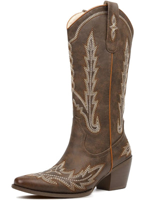 RONILURN Women Mid Calf Cowboy Boots Cowgirl Boots Western Country Embroidery Stitching Low-Heel Sexy Fashion Round Toe Chunky Heel Pull On Stretchy Brown