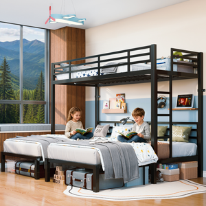 Triple Bunk Bed Twin over Twin & Twin Metal Bunk Beds for Kids Teens Adults, Convertible L-Shaped 3 Beds Frame with Length Guardrail & Built-in Ladder, Heavy Duty Space Saving Metal Slat Base, Black