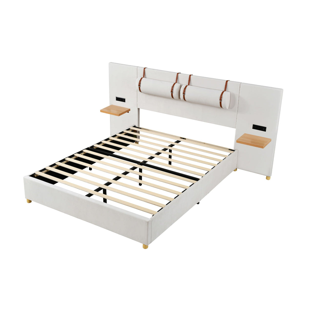 Upholstered Platform Bed, 2 Outlets And USB Charging Ports On Both Sides, 2 Bedside Pillows, Storage Shelves by Couch.com
