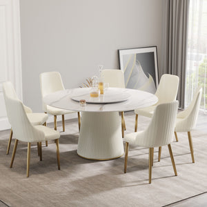 Modern Artificial Stone Round Plywood Base Dining Table, Can Accommodate 8 People, Artificial Stone Turntable (Not Including Chairs) - White / Beige by Couch.com