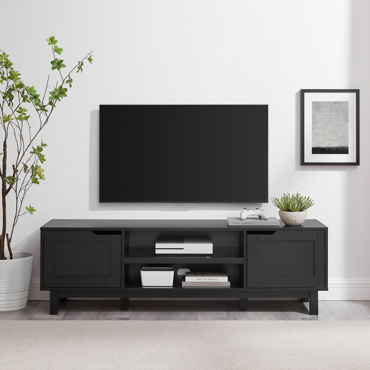 Modern 2 Door Open Storage TV Stand For TVs Up To 65" - Solid Black by Couch.com