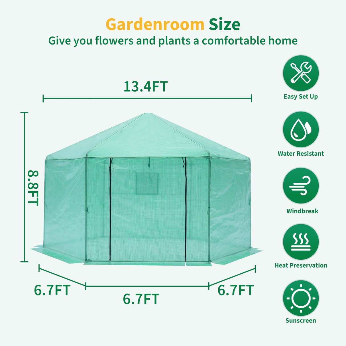 Walk-in Greenhouse Hexagonal Upgrade Reinforced Frame Heavy Duty Plastic Greenhouse Reinforced Thickened Waterproof Insulation (13.1*8.6 ft) - Green by Couch.com