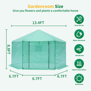 Walk-in Greenhouse Hexagonal Upgrade Reinforced Frame Heavy Duty Plastic Greenhouse Reinforced Thickened Waterproof Insulation (13.1*8.6 ft) - Green by Couch.com