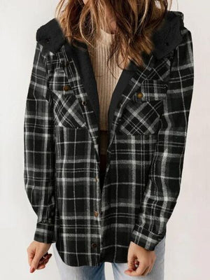 Plaid Snap Down Plush Hooded Jacket Soft & Warm Women Outerwear Cozy And Comfortable Jacket