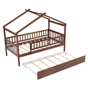 The Creativity House Bed with Twin Size Trundle is a wooden, house-shaped toddler bed frame featuring an unfinished rustic design, slatted safety rail, and additional trundle bed underneath. Mattress not included.