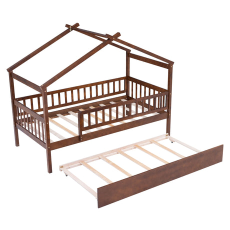 The Creativity House Bed with Twin Size Trundle is a wooden, house-shaped toddler bed frame featuring an unfinished rustic design, slatted safety rail, and additional trundle bed underneath. Mattress not included.