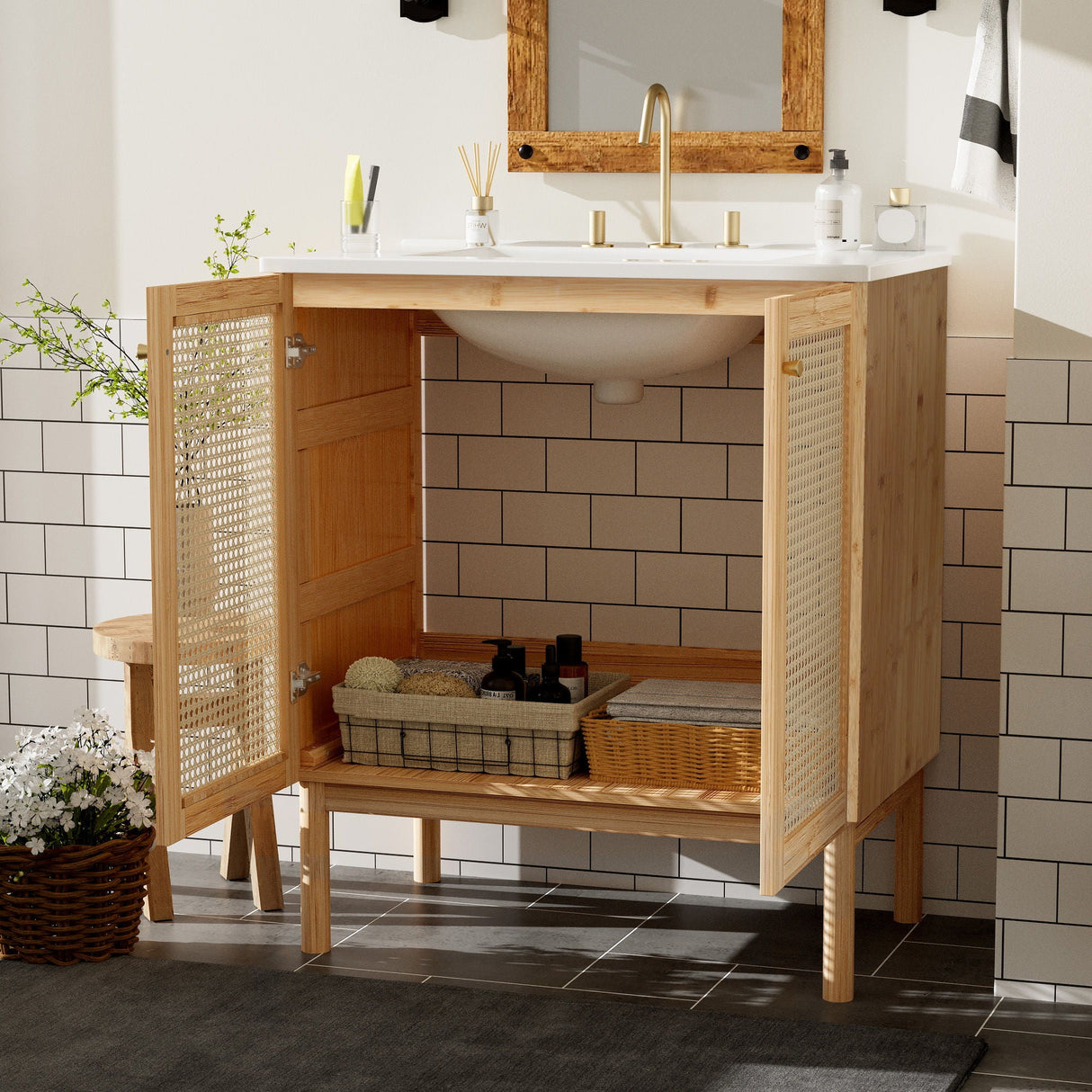 Bathroom Vanity Crafted From Natural Materials, Featuring Handmade Rattan Doors And Soft-Closing Mechanisms - Light Brown by Couch.com