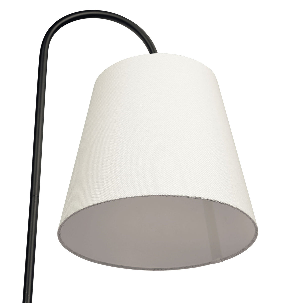 A close-up of the Seoul floor lamp showcases its white fabric shade and sleek black curved metal stand, with a rotary switch wood table base, set against a plain white background.