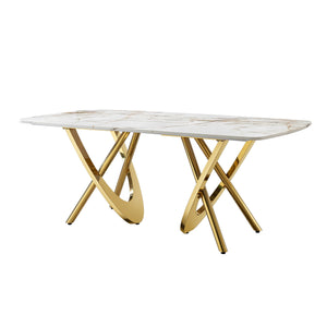 Marble Pattern Dining Table With Stainless Steel Base, Rectangular, Seats 6 Or 8 - Gold by Couch.com