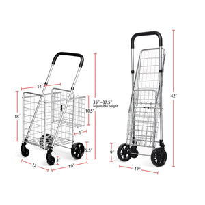 Folding Shopping Cart Basket Rolling Trolley with Adjustable Handle-Black