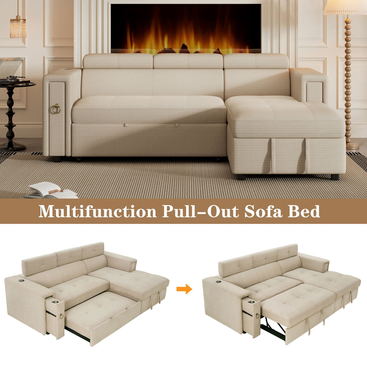 Multi-Functional Pull-Out Sofa Bed L-Shape Sectional Sofa With Adjustable Headrest, Wireless Charging, Cup Holders And Hidden Storage For Living Room by Couch.com