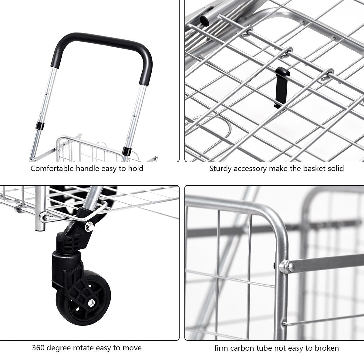 Folding Shopping Cart Basket Rolling Trolley with Adjustable Handle-Black