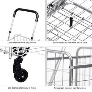 Folding Shopping Cart Basket Rolling Trolley with Adjustable Handle-Black