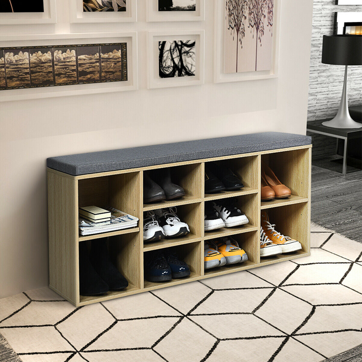 10-Cube Organizer Shoe Storage Bench with Cushion for Entryway-Beige by DirectDeals