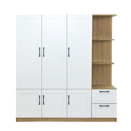 The 3 Door Storage Wardrobe for Bedroom features a white finish with black handles, multiple doors and drawers, an open shelves section on the right with a light wood finish, and two bottom drawers.
