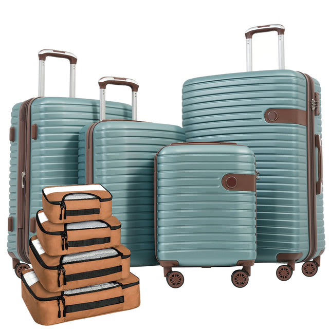 The 4 Piece Luggage Suitcase Set features turquoise hardshell suitcases with brown accents and spinner wheels, available in varying sizes, alongside neatly stacked brown packing cubes with clear tops.