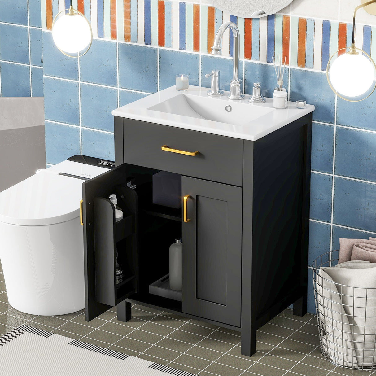Bathroom Vanity Combo With Ceramic Sink, Luxurious Space-Saving Vanity, 2 Soft Close Doors by Couch.com