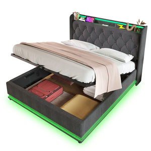Upholstered Bed, 360 Surround LED Function, Remote Control, Hydraulic Storage Bed With USB, Type-C Charging (Without Mattress) by Couch.com