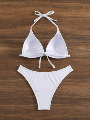 Bikini Rib Knit Solid Color Triangle 2 Piece Swimsuit for Women – Adjustable Tie Back Halter Bikini Set with Spaghetti Straps – High Stretch Polyester Swimwear for Summer Beachwear Poolside Relaxation and Tropical Vacation