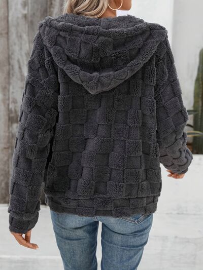 Dark Gray Women Checkered Pattern Jacket Comfy Textured Zip-Up Drawstring Fuzzy Jacket