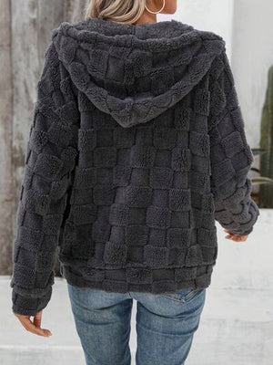 Dark Gray Women Checkered Pattern Jacket Comfy Textured Zip-Up Drawstring Fuzzy Jacket