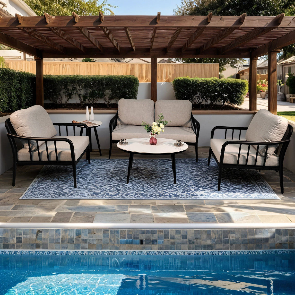 5 Pieces Outdoor Patio, Modern Chat Sofa Conversation Set, Removable Sunbrella Cushions And Table With Carrara Marble Look Sintered Stone Top - Ember Black / White by Couch.com